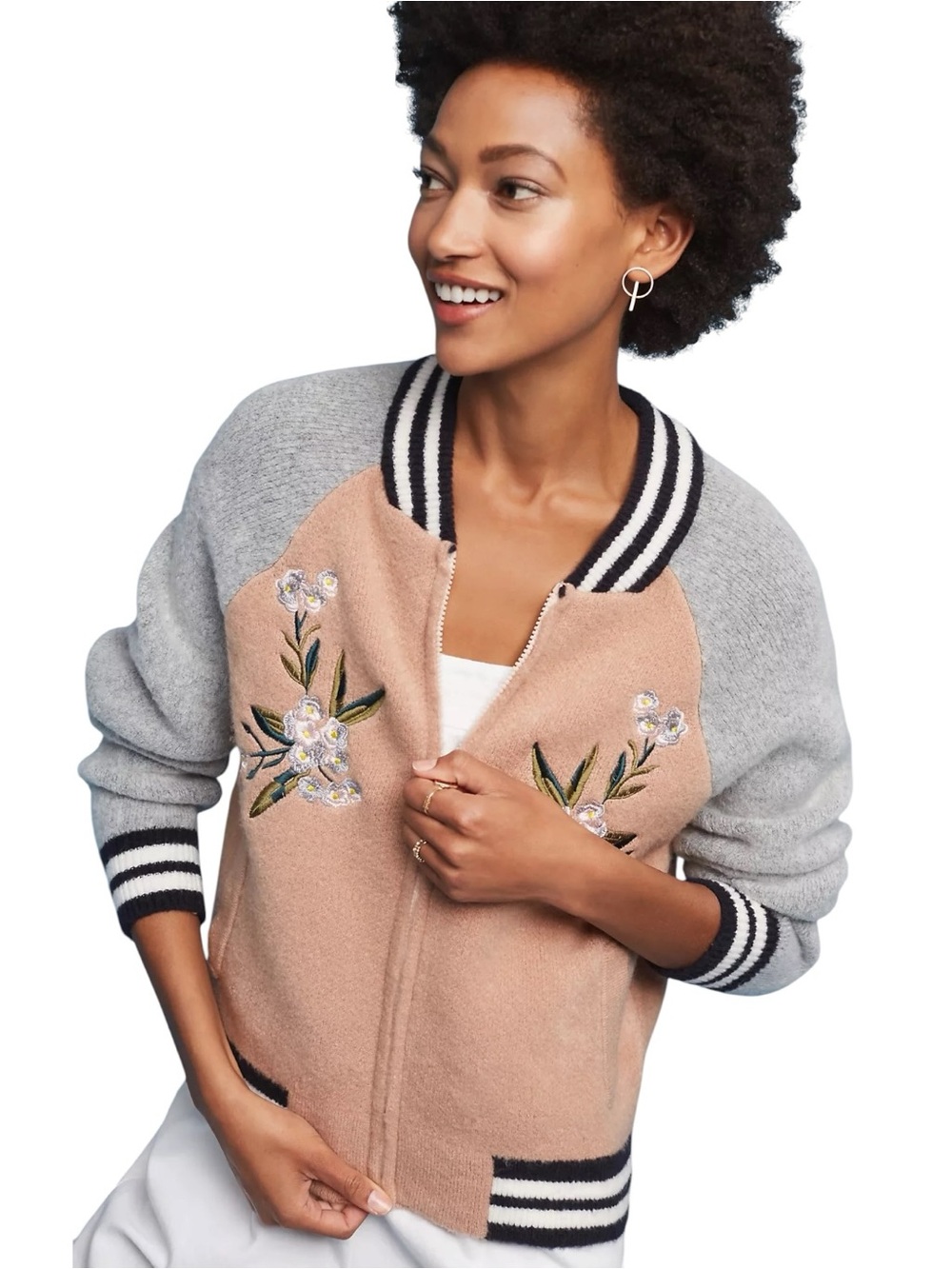 Anthropologie Maeve Embroidered floral Bomber Jacket - Pink & Gray NWT size XS